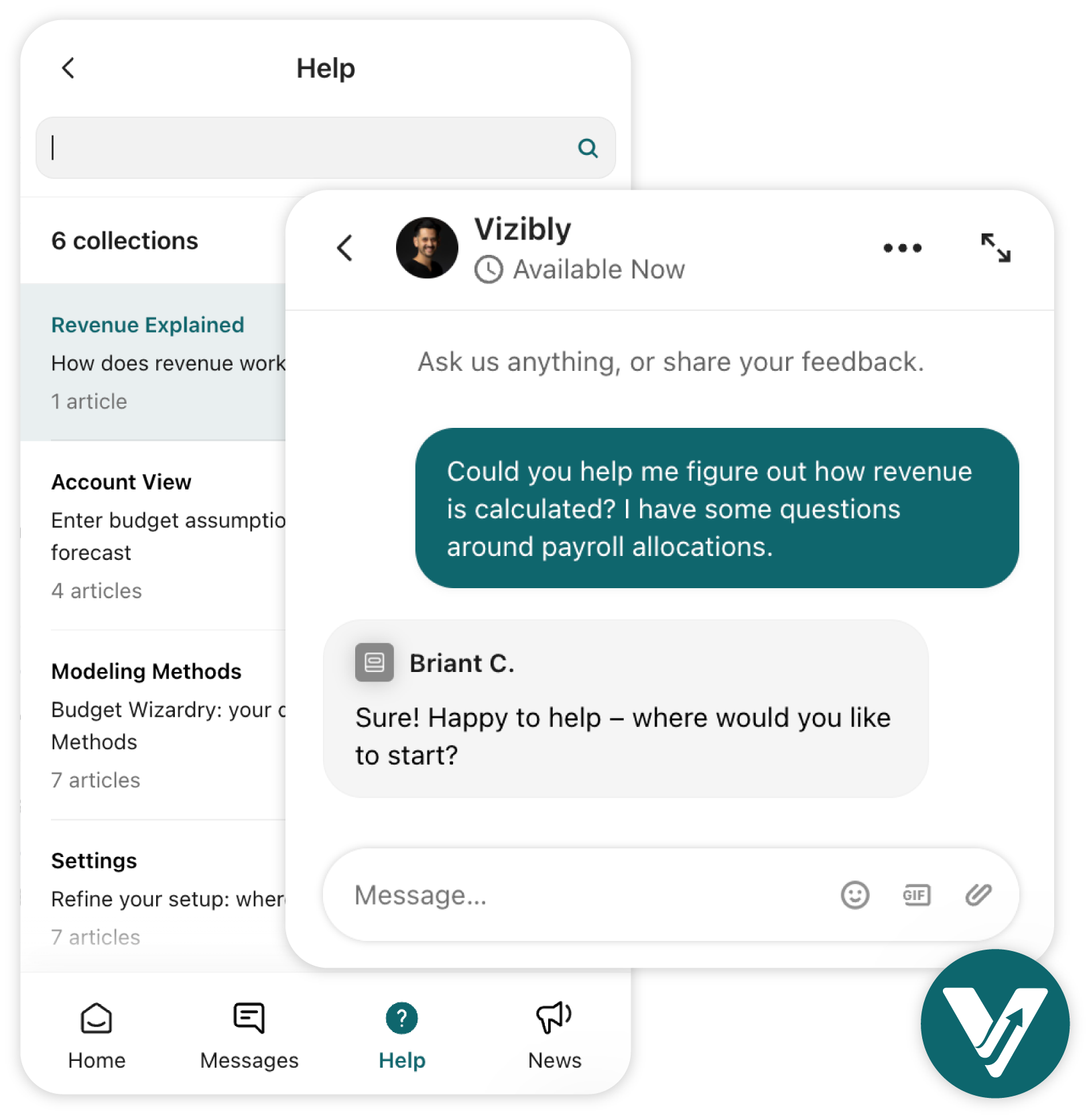 In-app support with live chat and help documentation