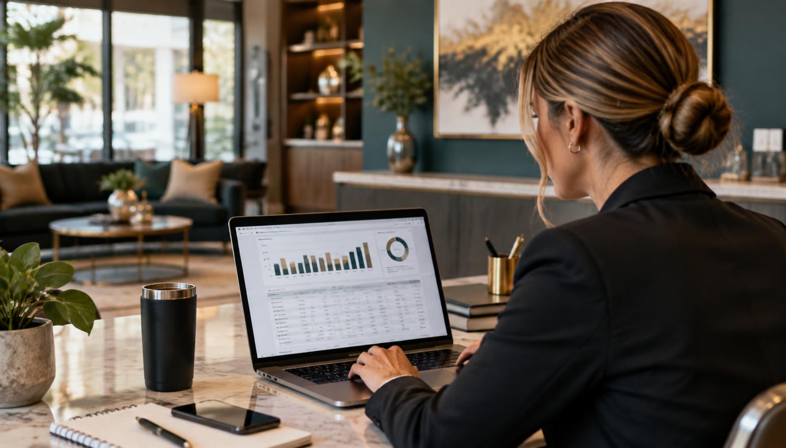 Property manager reviewing a multifamily budget with lease expirations and expense lines on a laptop